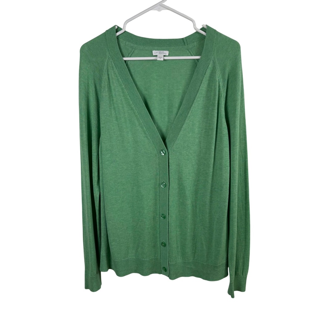 J. Jill Cardigan Sweater Women's M Green Organic Cotton Blend V-Neck Preppy